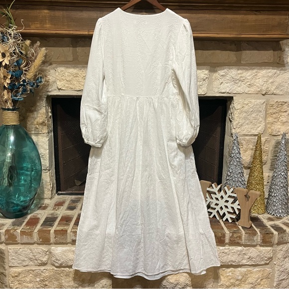 White Long-Sleeve Button-Front Maxi Dress with Eyelet Embroidery - Picture 8 of 11